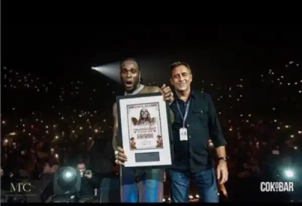 Watch Moment Burna Boy Was Presented With Plaque For Becoming 1st African To Sell Out Wembley SSE Arena